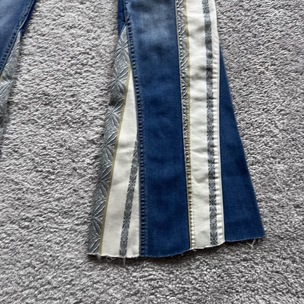 Free People Danica Boho Stripe Flare Jeans Womens 27 Blue Mid Rise‎ Raw Hem - Picture 5 of 16